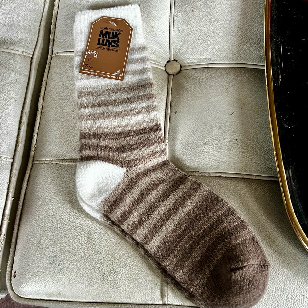 Muk luks socks soft and fuzzy tan brown white striped NEW